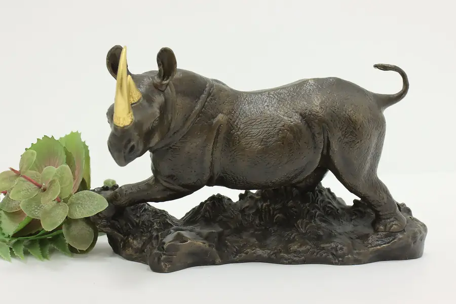 Photo of African Rhino Vintage Bronze Statue, Gold Horns Sculpture