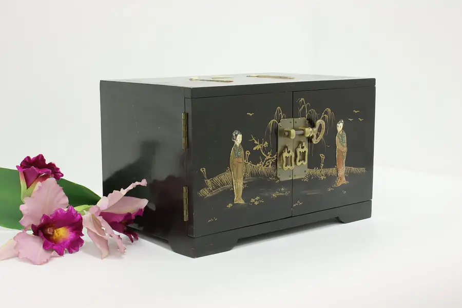 Photo of Korean Vintage Lacquer Hand Painted Jewelry Chest, Figures