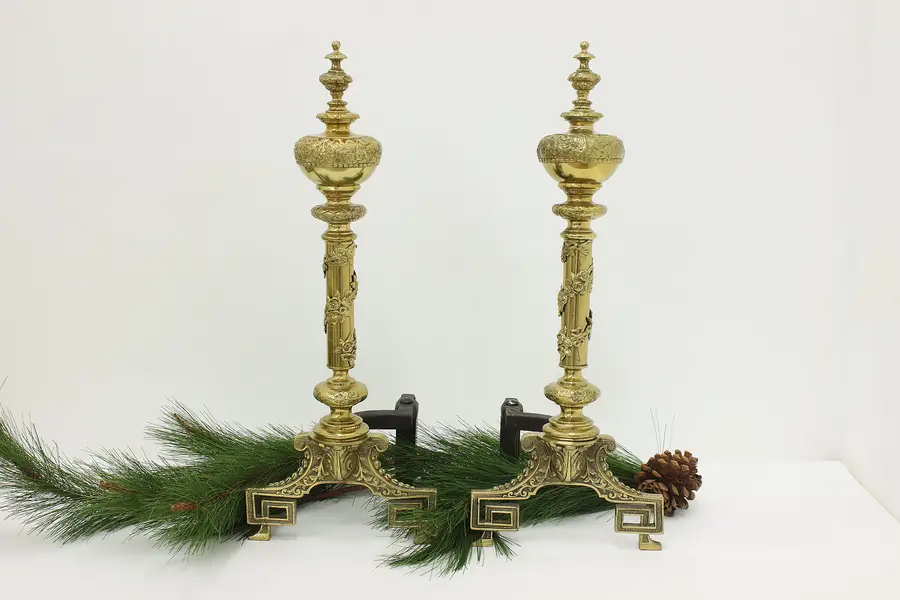 Photo of Pair of Classical Antique Brass Fireplace Andirons, Roses