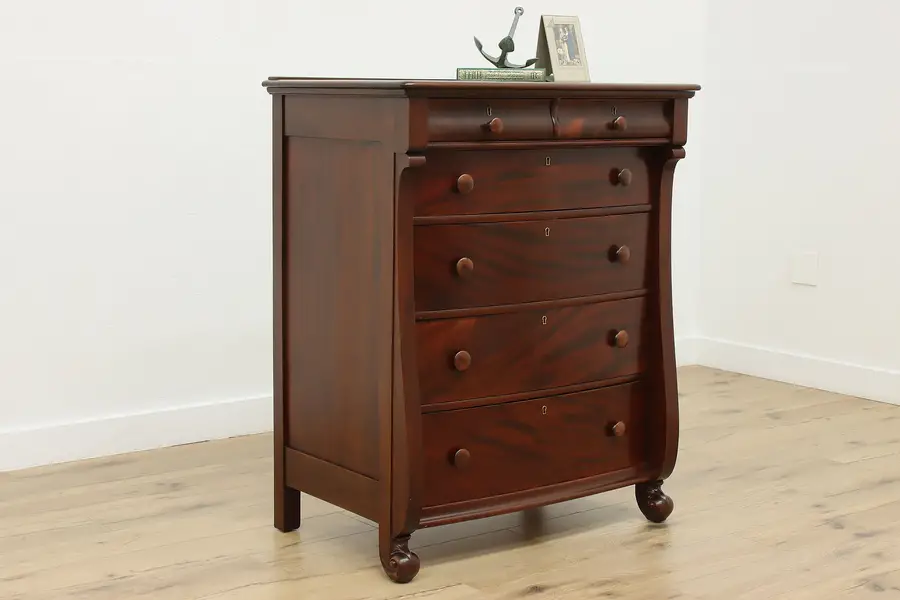 Photo of Empire Antique Mahogany Dresser or Tall Chest, Scroll Feet