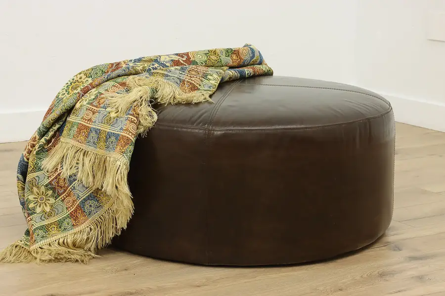 Photo of Round Leather Ottoman or Footstool, Restoration Hardware