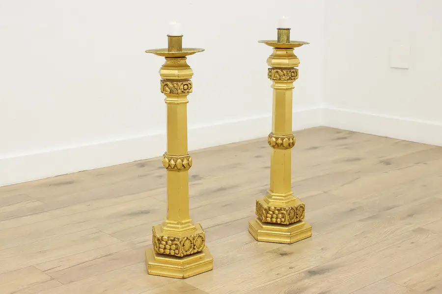 Photo of Church Salvage Vintage Carved Gilt Altar Candle Stands