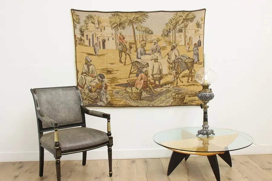 Photo of Desert Oasis Market Scene Antique Woven Wall Tapestry 63"