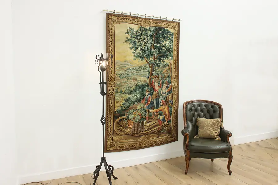 Photo of French Antique Handwoven Wool Fall Harvest Wall Tapestry 84"