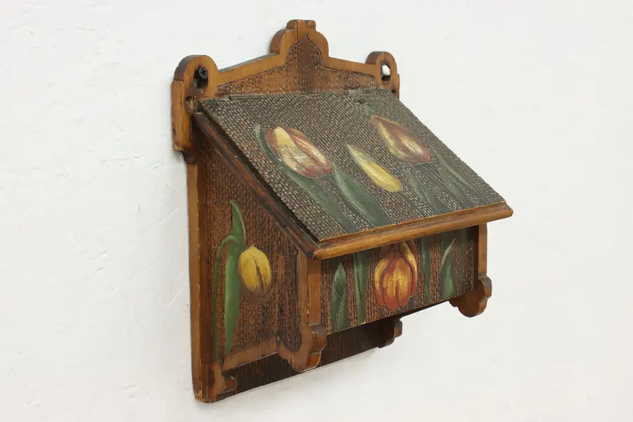 Photo of Folk Art Antique Hand Painted Flowers Pyrography Wall Pocket