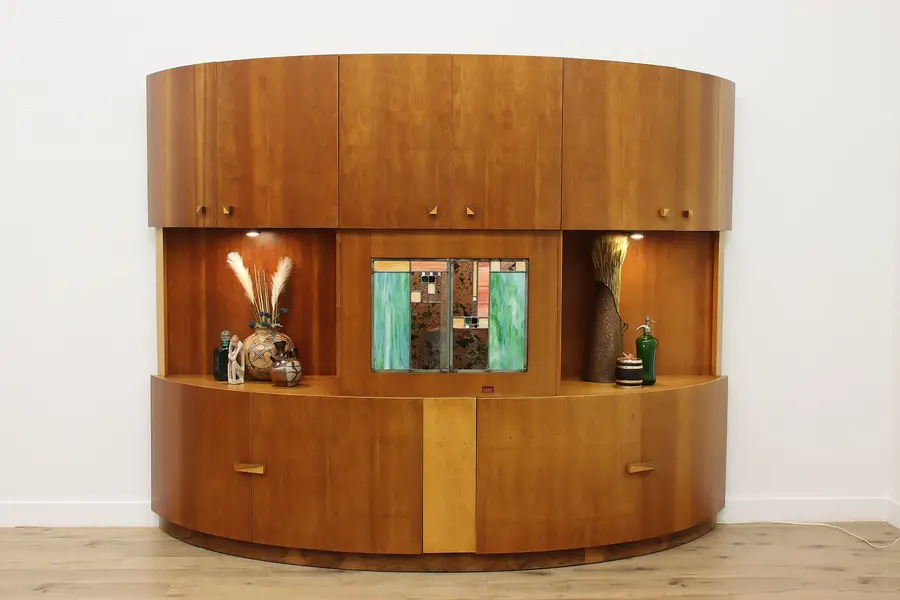 Photo of Art Deco Vintage Cherry Lit 9' Bar Cabinet Wall Unit Acme