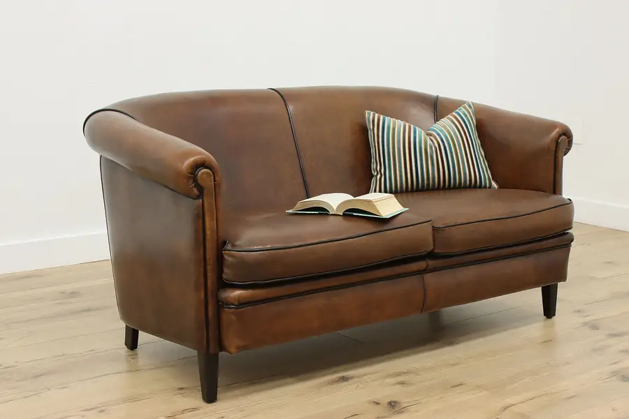 Photo of French Art Deco Vintage Sheepskin Leather Settee or Loveseat