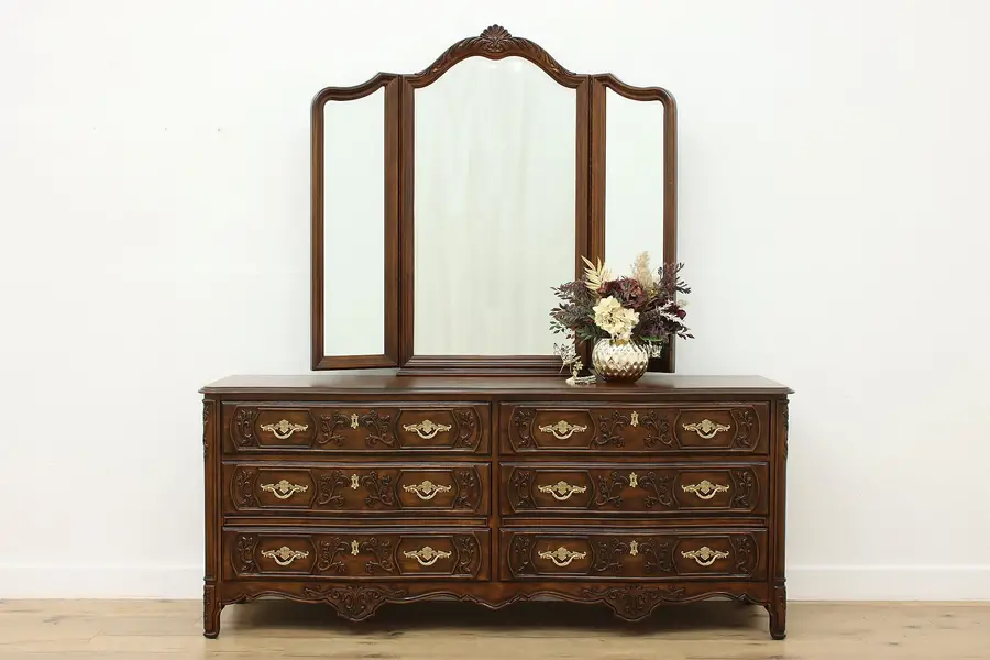 Photo of French Country Vintage Carved Walnut Dresser & Mirror Drexel