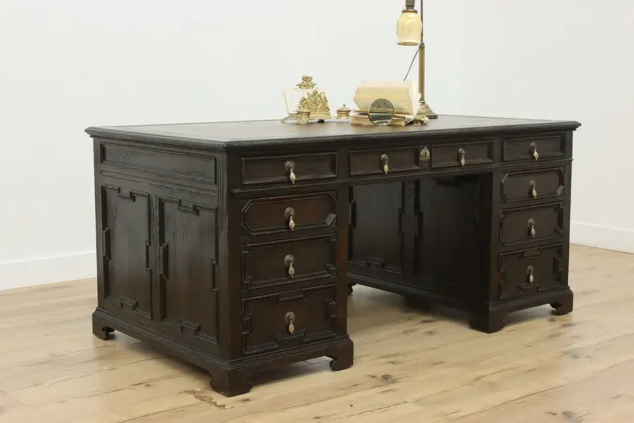 Photo of English Tudor Carved Oak Executive Office Desk Leather Top