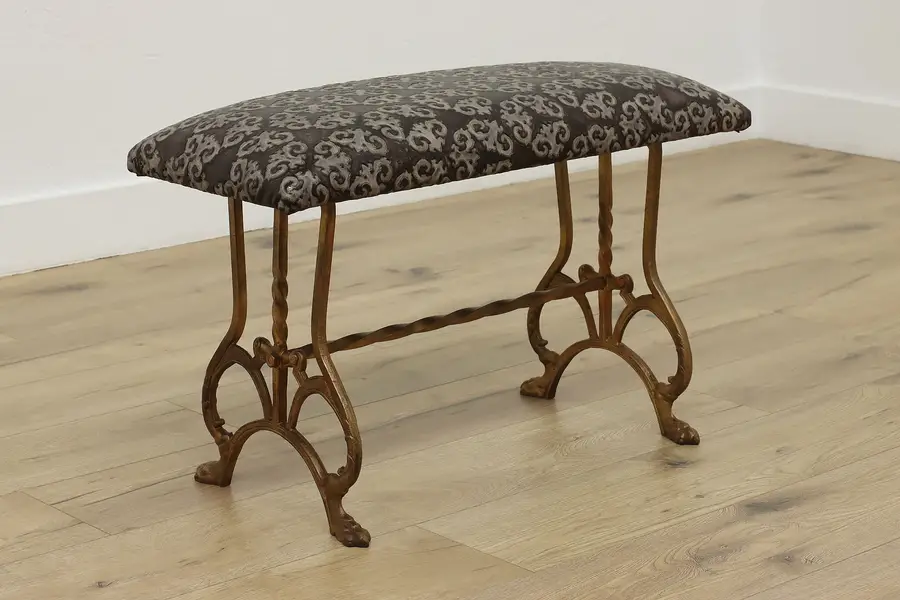 Photo of Victorian Antique Embossed Leather & Cast Iron Bench
