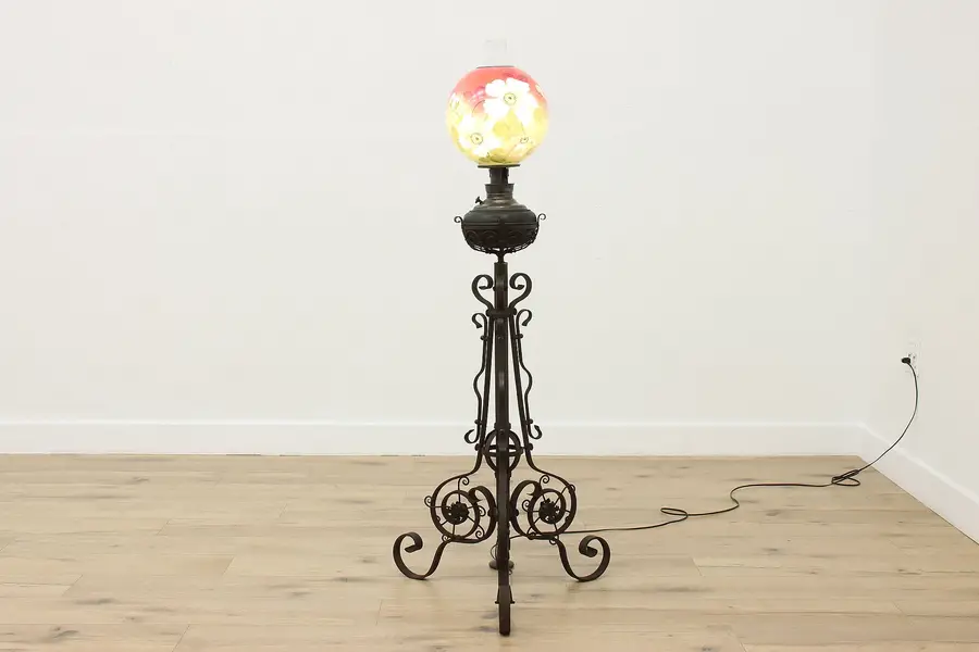 Photo of Victorian Antique Iron Floor Lamp Hand Painted Shade Juno