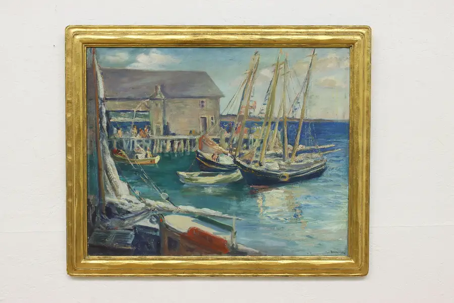 Photo of Sailboat Harbor Antique Original Oil Painting Leedy 34.5"