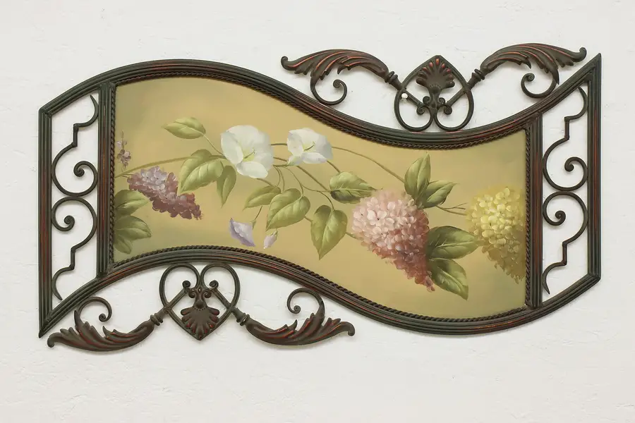 Photo of Iron Scrollwork Vintage Hand Painted Flowers Plaque 34"