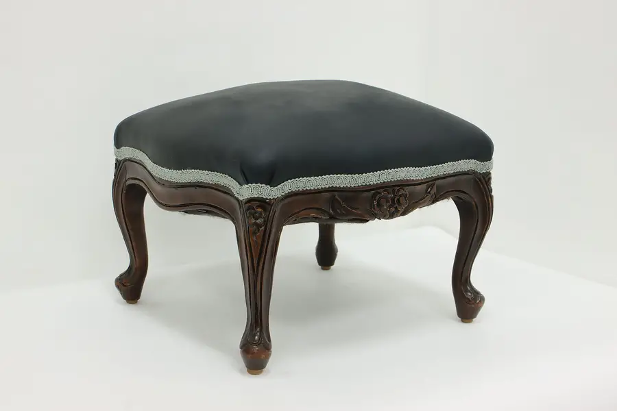 Photo of Country French Antique Carved Mahogany Footstool New Leather