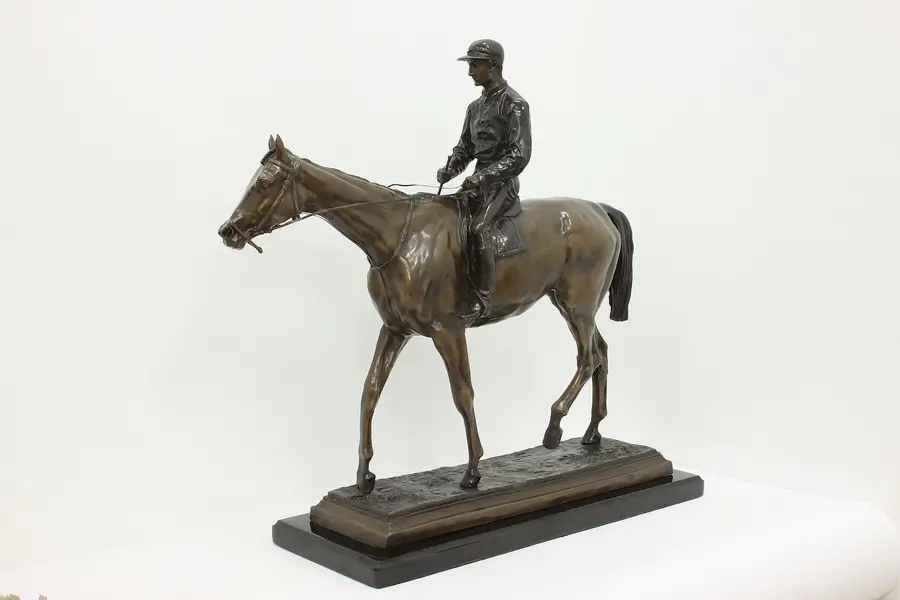 Photo of French Bronze Antique Jockey & Horse Sculpture, Bonheur 31"