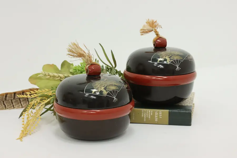 Photo of Pair of Antique Japanese Hand Painted Lacquer Wedding Bowls