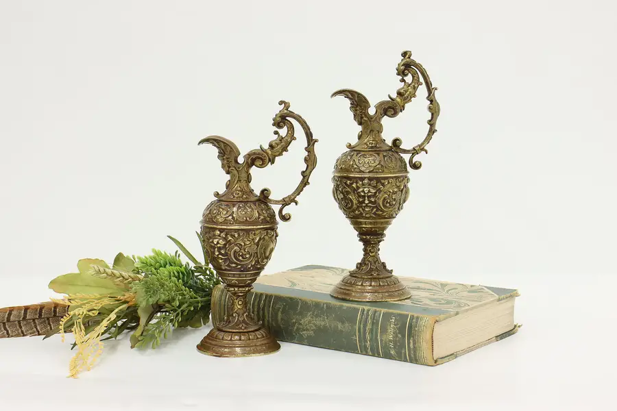Photo of Pair of Renaissance Antique Embossed Brass Pitchers or Ewers