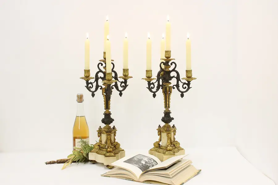 Photo of Pair of Renaissance Antique Marble & Bronze Candelabra, Rams