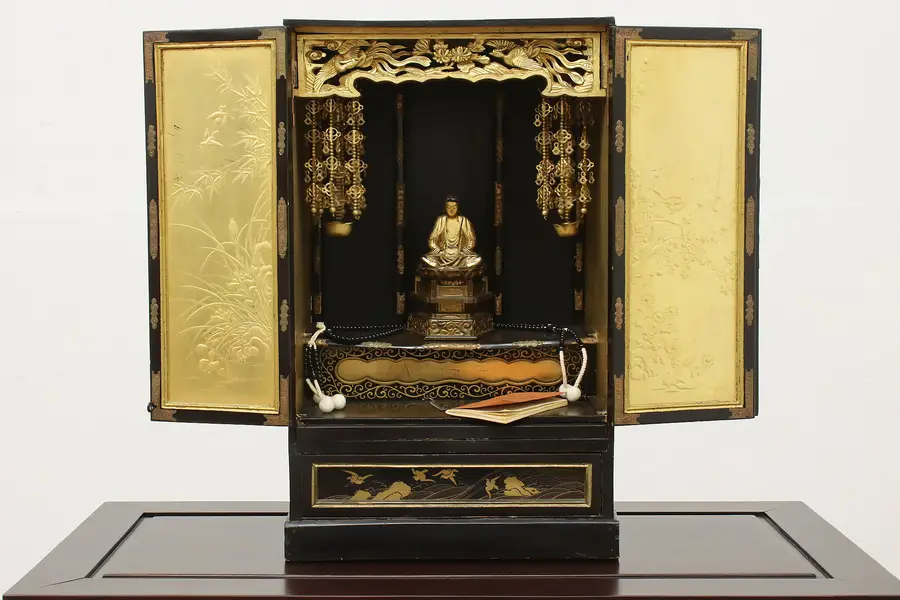 Photo of Japanese Vintage Carved Tabletop Buddha Shrine, Prayer Book