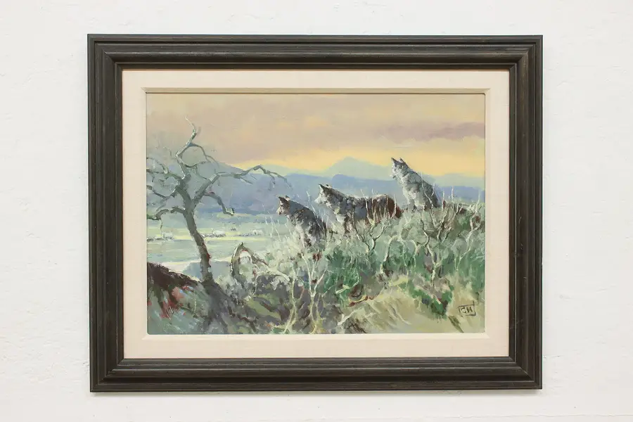 Photo of Wolf Pack & Wagon Train Vintage Original Oil Painting CH 26"