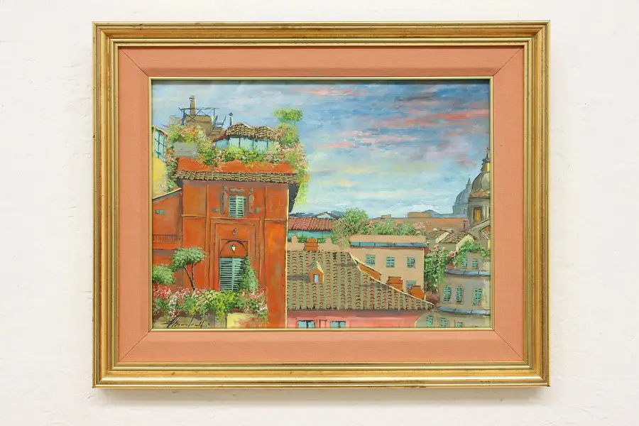 Photo of Italian Rooftop View Vintage Original Oil Painting 20"