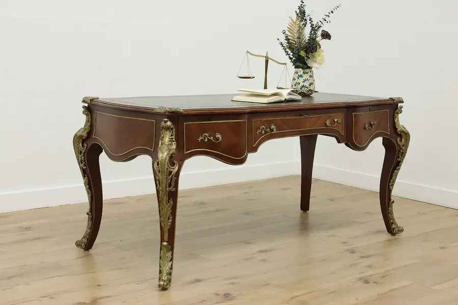 Photo of French Louis XIV Vintage Mahogany Brass Office Desk Leather