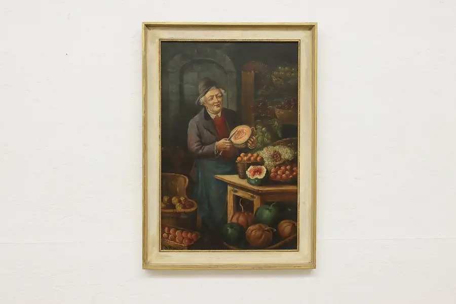 Photo of Fruit Seller Antique Original Oil Painting, Morel 27.5"