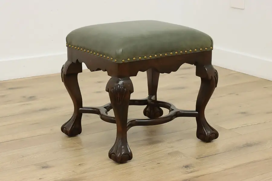 Photo of Georgian Vintage Carved Birch Footstool or Bench New Leather
