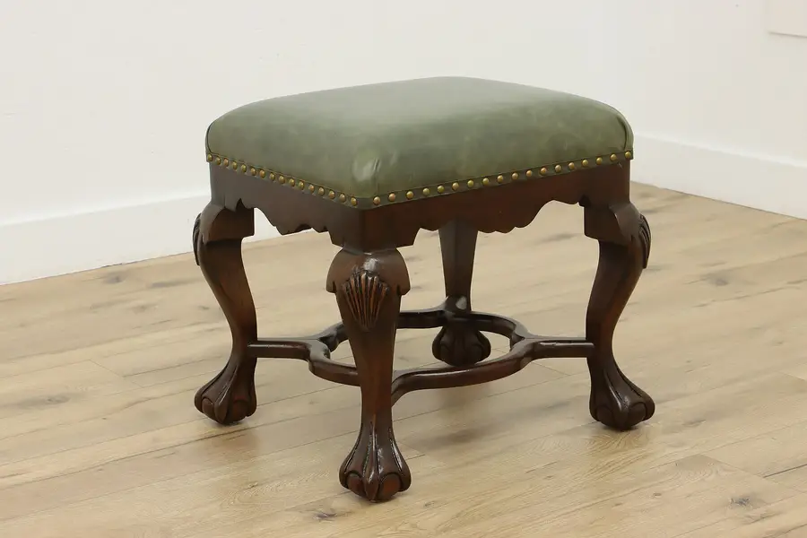 Photo of Georgian Vintage Carved Birch Footstool or Bench New Leather