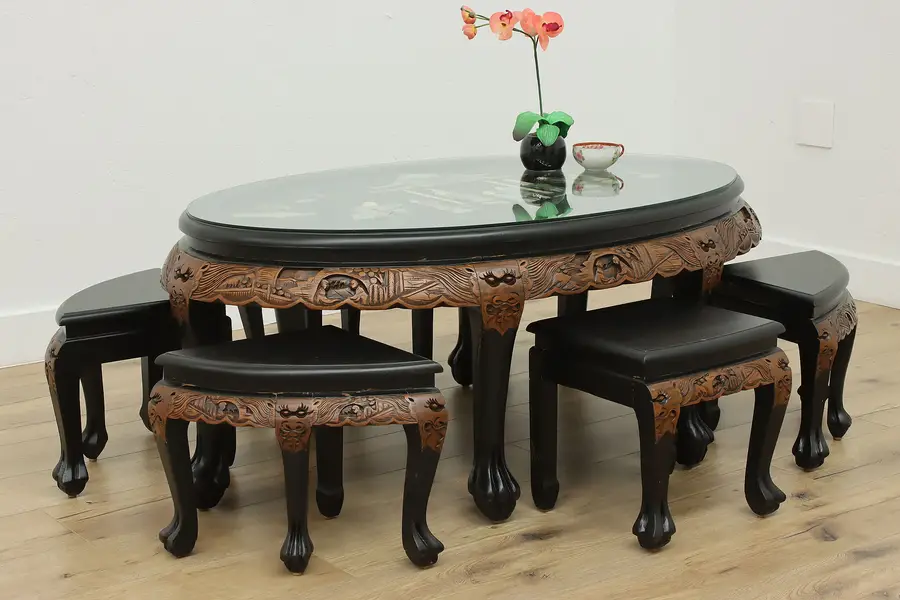 Photo of Chinese Vintage Lacquer Teak Tea or Coffee Table & 6 Stools