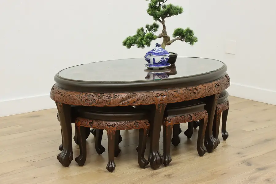Photo of Chinese Vintage Carved Teak Tea or Coffee Table & 6 Stools