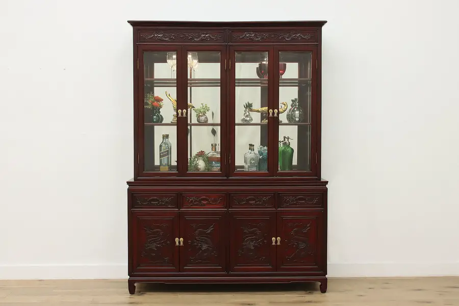 Photo of Chinese Vintage Rosewood Lit China Cabinet, Carved Dragons