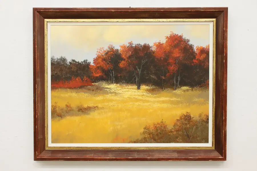 Photo of Autumn Field Landscape Vintage Original Oil Painting 57.5"