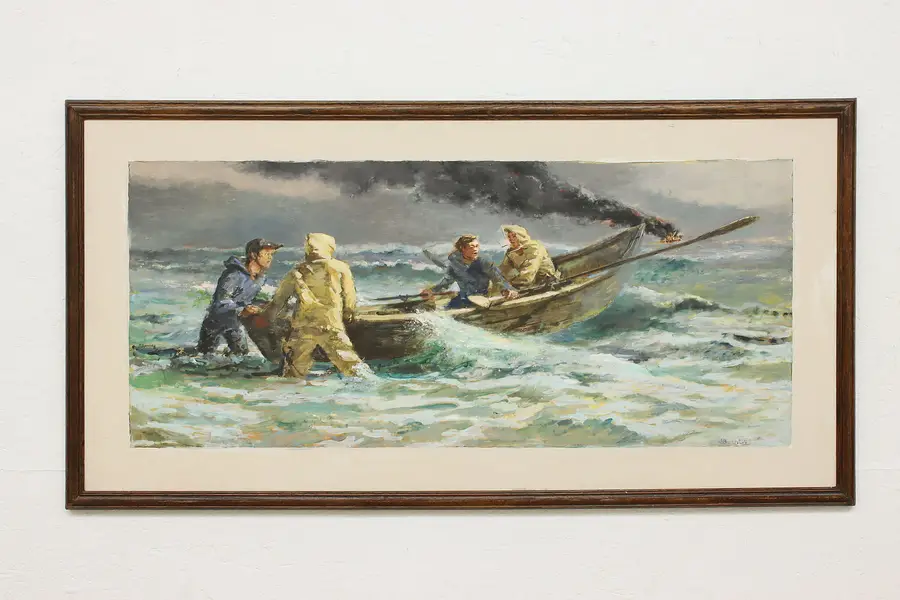 Photo of Boat Rescue Vintage Original Oil Painting Burnley 50.5"