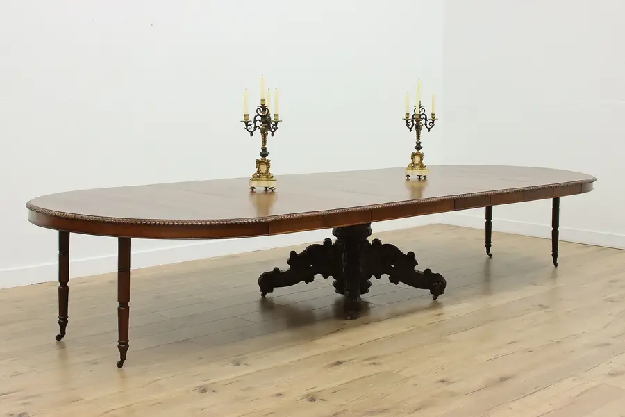 Photo of Black Forest Antique Carved Oak 5' Dining Table Extends 13'