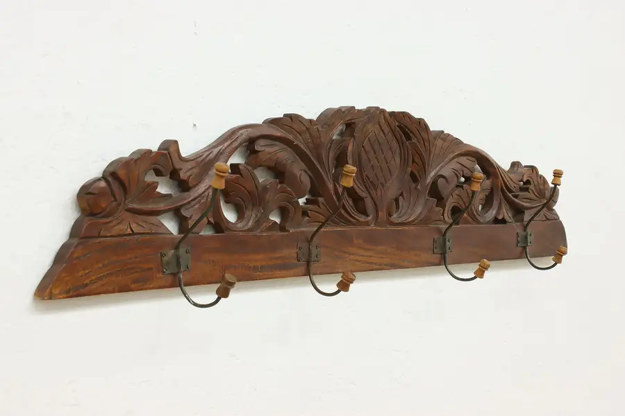 Photo of Asian Vintage Wall Coat & Hat Rack, Carved Leaves 40.5"