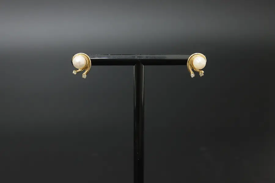 Photo of 14K Gold Vintage Freshwater Pearl & Diamond Earrings
