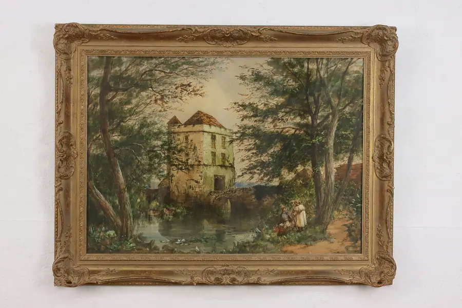 Photo of English Gatehouse Antique Watercolor Painting Absolon 37"