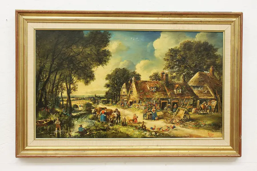 Photo of Busy Village Day Vintage Original Oil Painting Signed 33.5"