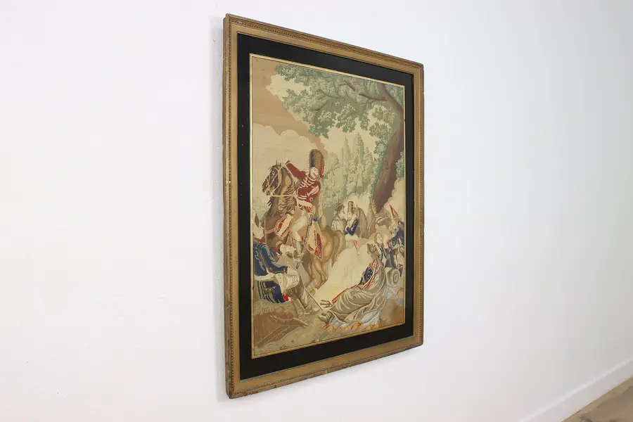 Photo of French Military Antique Framed Hand Woven Tapestry 35.5"