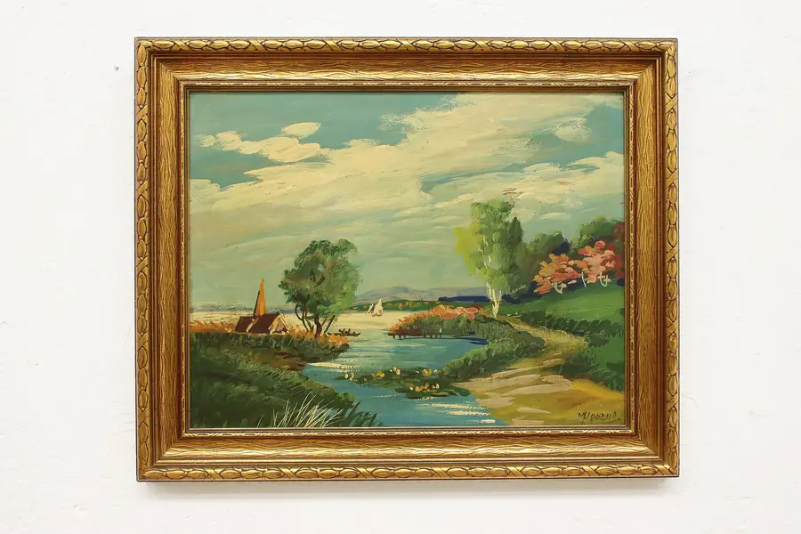 Photo of Springtime Lake Vintage Original Oil Painting Herzog 22"