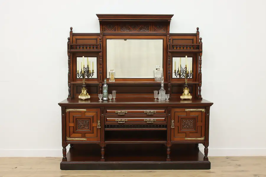 Photo of Victorian English Antique Walnut Sideboard Back Bar, Walker