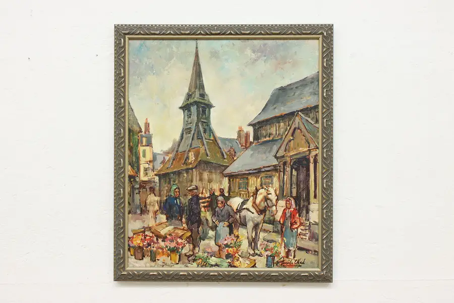 Photo of Honfleur Market Vintage Original Oil Painting Collado 24"