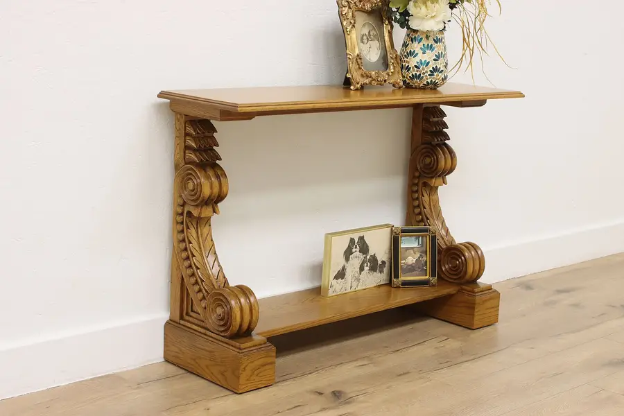 Photo of Classical Oak TV or Hall Console Antique Carved Brackets