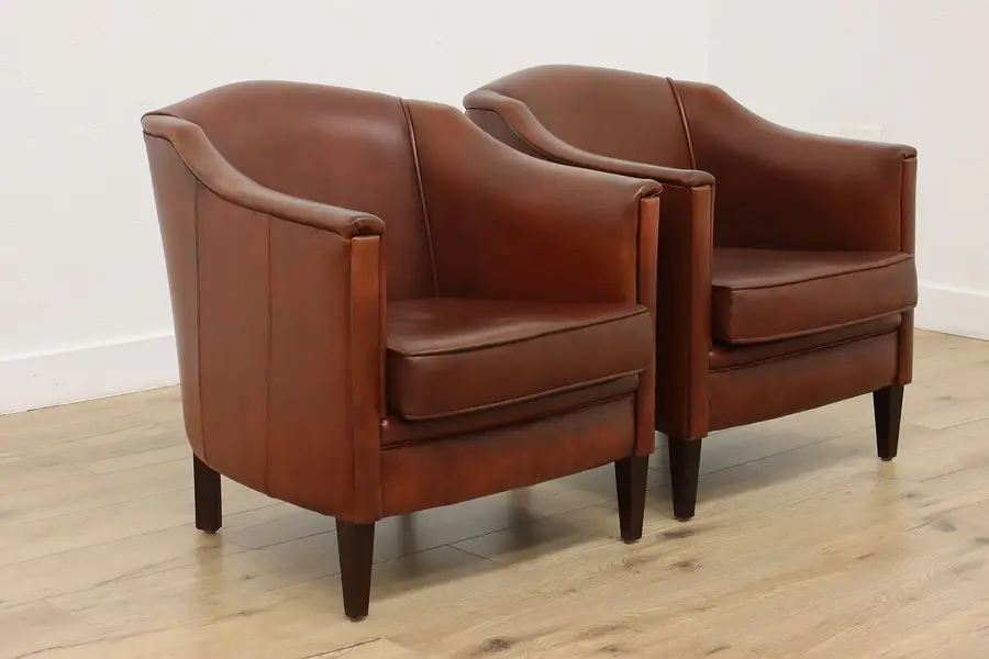 Photo of Pair Art Deco Vintage Leather Club Library Office Armchairs