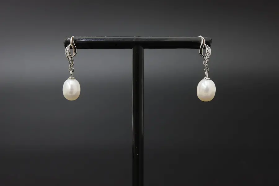 Photo of D'Joy 925 Sterling Silver CZ Swirl & Pearl Drop Earrings