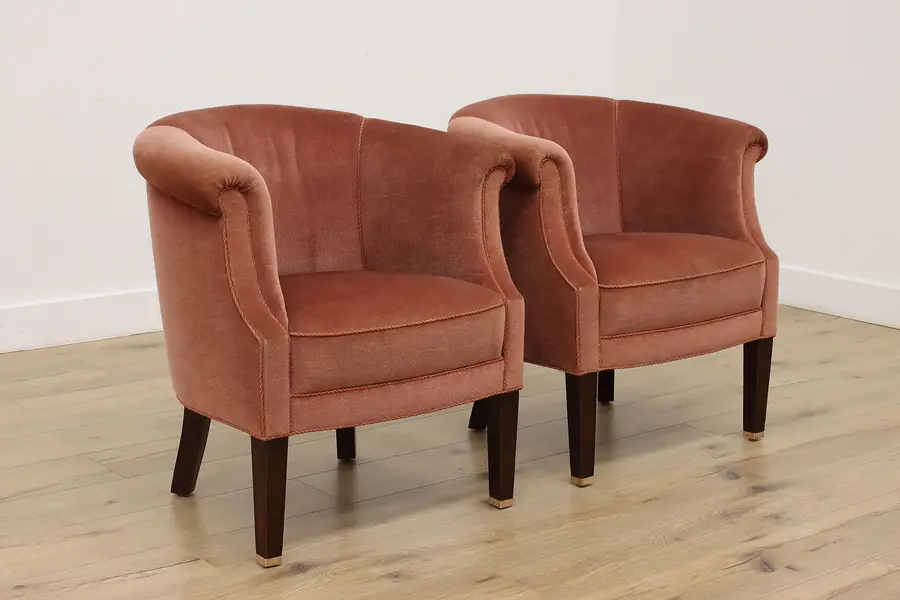 Photo of Pair of Traditional Vintage Rose Mohair Club Library Chairs