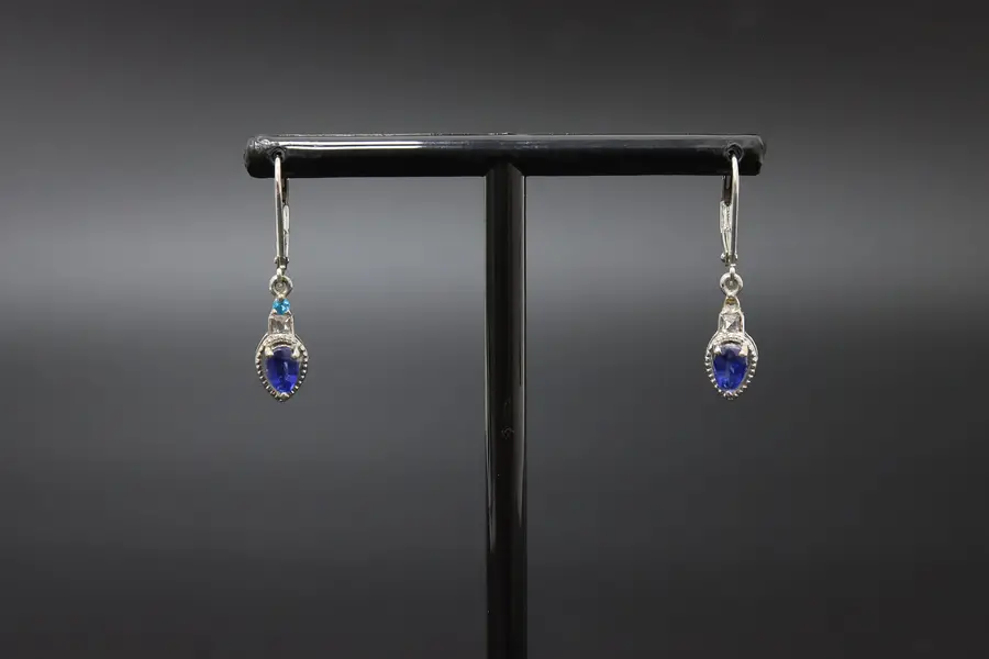 Photo of Sterling Silver Blue CZ Pear Halo Leverback Drop Earrings