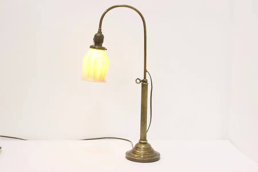 Photo of Brass Antique Adjustable Desk Lamp Feather Art Glass Shade