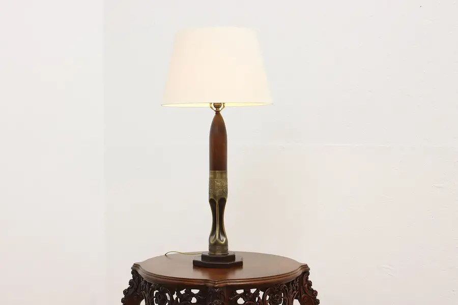 Photo of WWI Antique 1918 Brass Artillery Shell Oak Table Lamp AEF